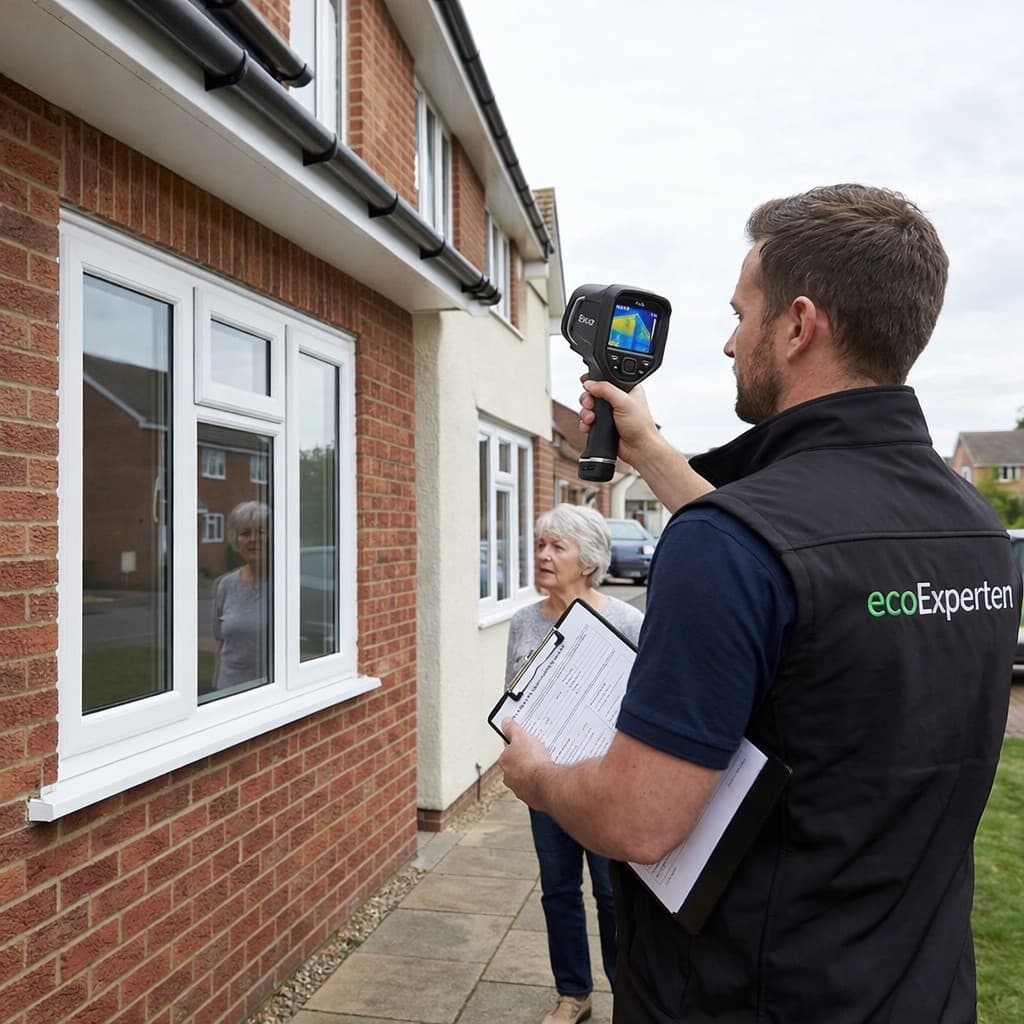 ecoExperten Energieberater bei der thermischen Gebäudeanalyse mit Wärmebildkamera